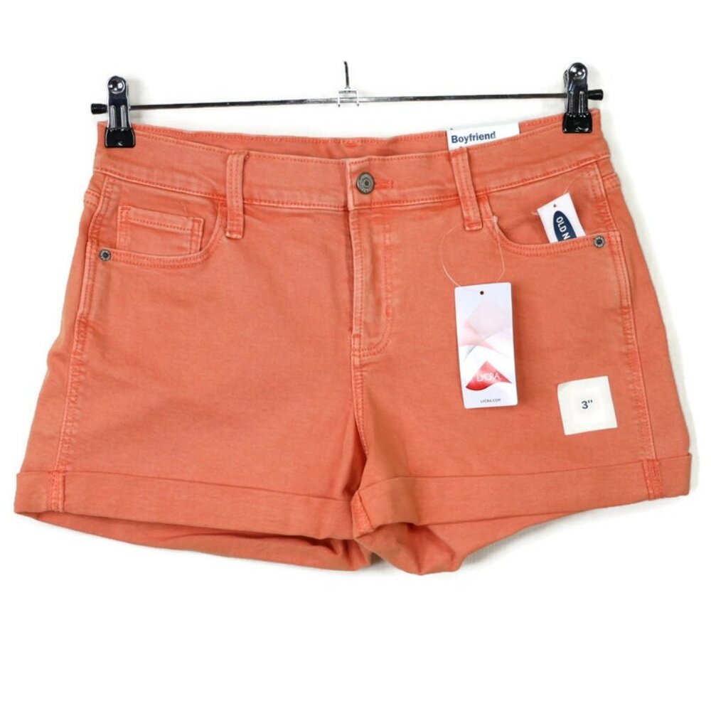 Old Navy Boyfriend Mid-Rise‎ Jean Shorts Coral Outrage Orange 6 Stretch Cuffed